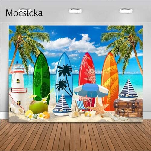 Blue sky and Sea Summer beach Backdrop Newborn Kids Surfboart Portrait Background for Photo Studio Photocall palm tree props