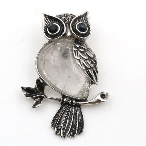 FYSL Silver Plated Wisdom Owl Shape Clear Quartz Pendant for Gift Rhodonite Stone Animal Jewelry