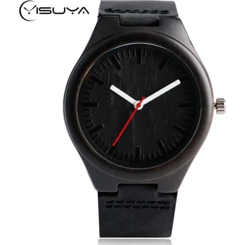 Creative Bamboo Watches Men Red Secondhand Quartz Women Female Wrist Watch Fashion Black Dial Elegant Leather Band Strap
