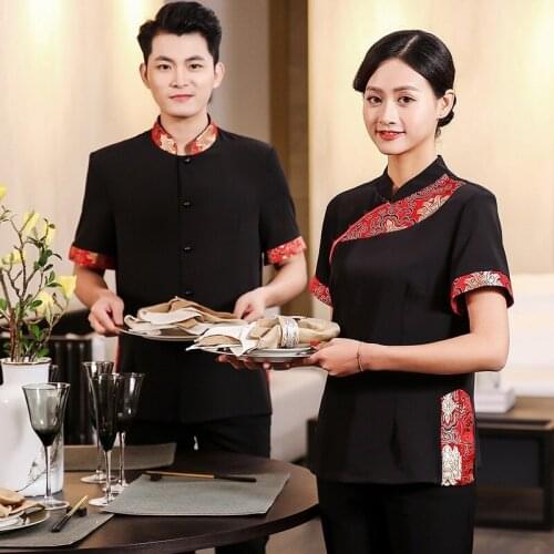 Summer Hotel Short Sleeve Waitress Uniform Catering Restaurant Work Clothing Chinese Traditional Restaurant Workwear Waiter Tops