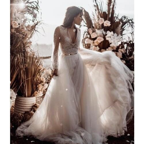 Boho Dreamy A Line Wedding Dresses Full sleeve Gold Belt V-Neck Floor Length Tulle skirt Bridal Gowns Robe de soriee Maxi Noiv