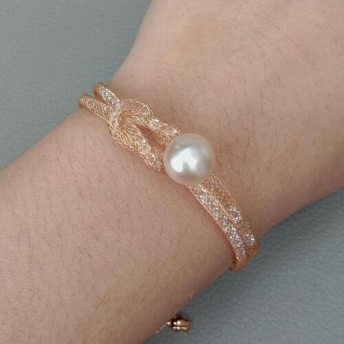 Gold Color Plated Loop Bracelet 10mm Pink Freshwater Pearl