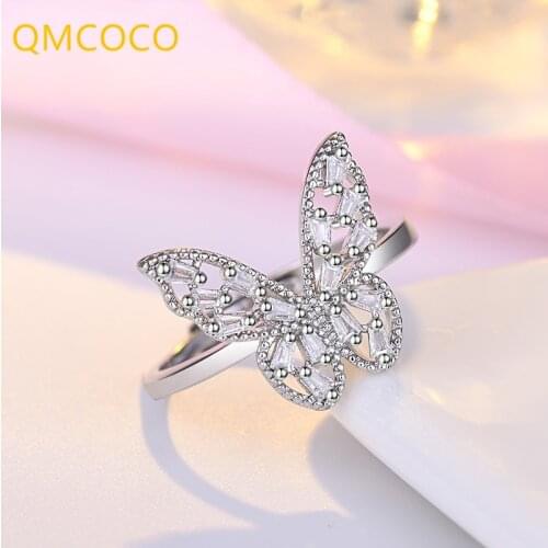 QMCOCO 925 Silver Simple Crystal Butterfly Open Adjustable Ring For Women Personality INS Style Couple Valentine Day Fine Gifts
