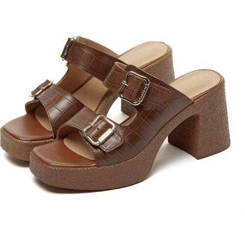 New Platform Sandals Fashion Retro Genuine Leather Stone Texture Peep Toe Slippers Belt Buckle Handmade Summer Shoes for Women