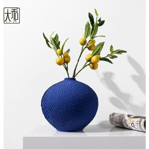 Sapphire Blue Flower Vase Big Belly Porcelain Pots Entrance Hotel Lobby Decor Embossed Pineapple Pattern Pot Belly Ceramic Vase