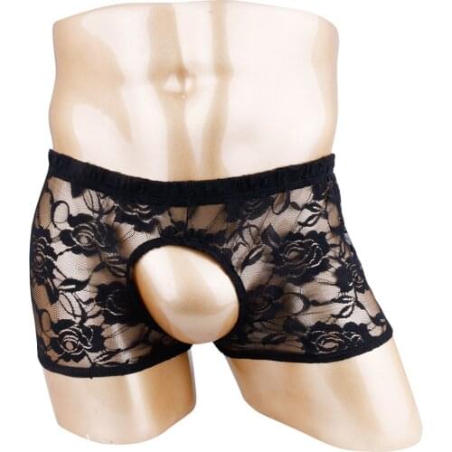 Sexy Lingerie Boxer Shorts Mens Male See-through Sheer Lace Open Butt Gay Panties Open Pouch Sissy Underwear Underpants