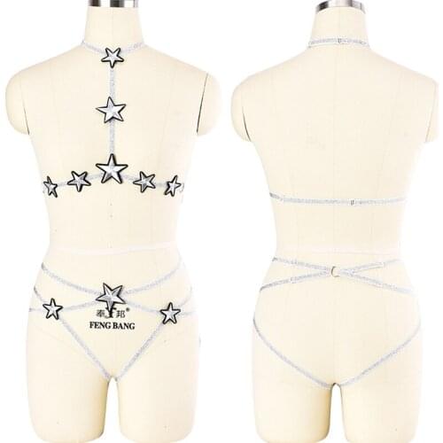 Sexy Flashing Pentagram Harness Bra+Flashing Pentagram Open Crotch Panties Pastel Goth Pole Dance Body Harness Set Bondage Belt