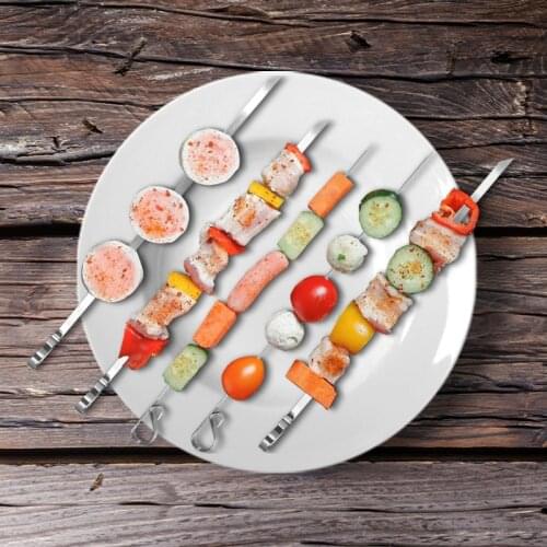 BBQ Skewer Stainless Steel Shish Kebab BBQ Fork Set Flat Wood Handle Barbecue Needle Meat Grill Outdoor Tool 12.5in 32cm 6-12pcs