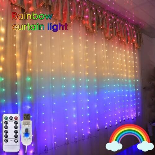 1.5x2m Rainbow Curtain String Lights LED Garland Window Fairy Light 210 LED Wedding Party Home Bedroom Indoor Christmas Decor