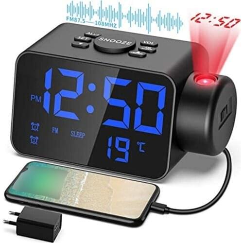 LED Projection Clock USB Charging Digital Alarm Clock FM Radio Mirror Electronic Clock Temperature Display Snooze Function Clock