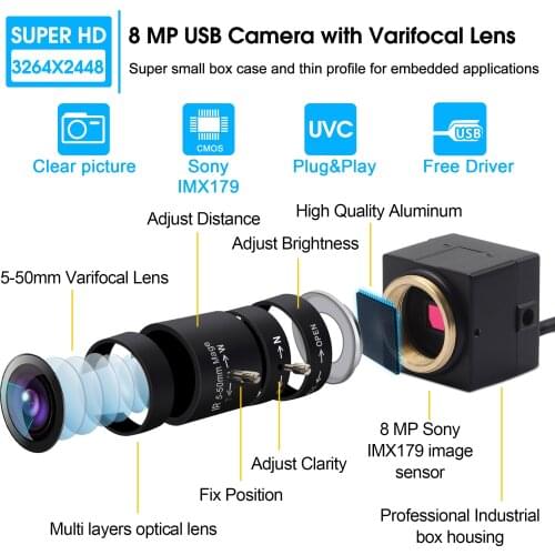 8MP PC Webcam 3264X2448 Sony IMX179 Manual Focus CS Lens Video Web cam For Windows Linux Mac Computer PC Desktop Laptop