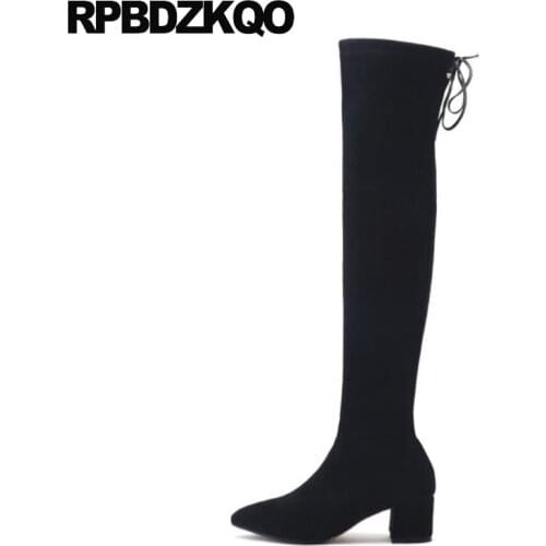 Suede Slim Thigh Women Boots 2021 High Heel Long Chunky Black Shoes Lace Up Ladies Winter Pointed Toe Over The Knee Tall Thick