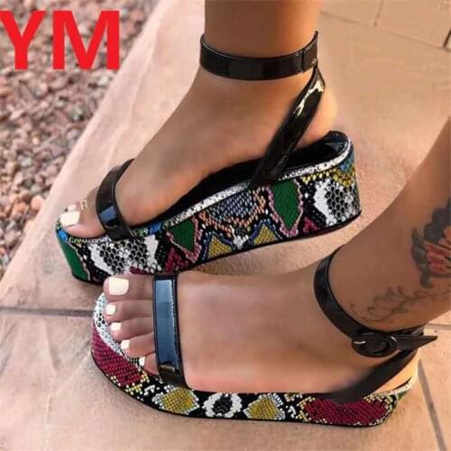 Drop shipping Women Sandals Wedge Summer Ankle Strap Womens Shoes Open Toe Boho Color Snake Pattern Plus Size 35-43