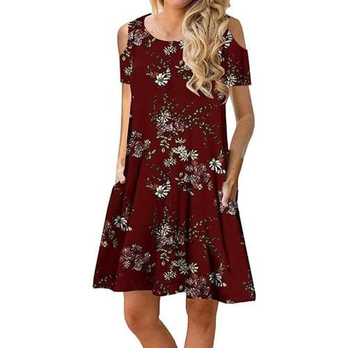 Floral Print Dresses Summer Casual Round Neck Short Sleeve Dress with Pockets Women Off Shoulder Hollow Out Loose Mini DressD30