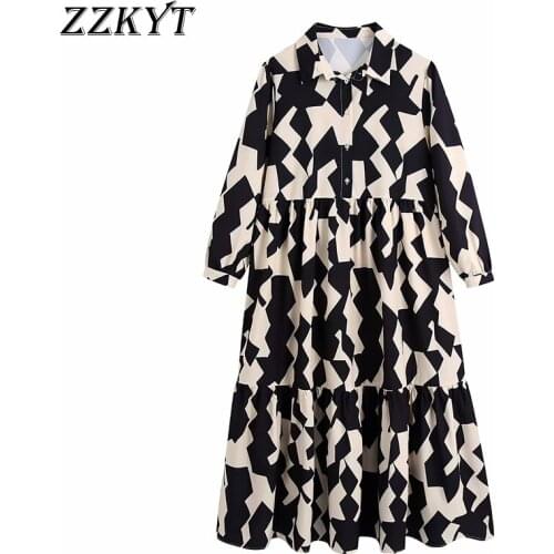 ZZKYT 2021 Women Autumn Vintage Print Ruffles Midi Dress Fashion Lapel Collar Long Sleeve Single Breasted Female Casual Dresses