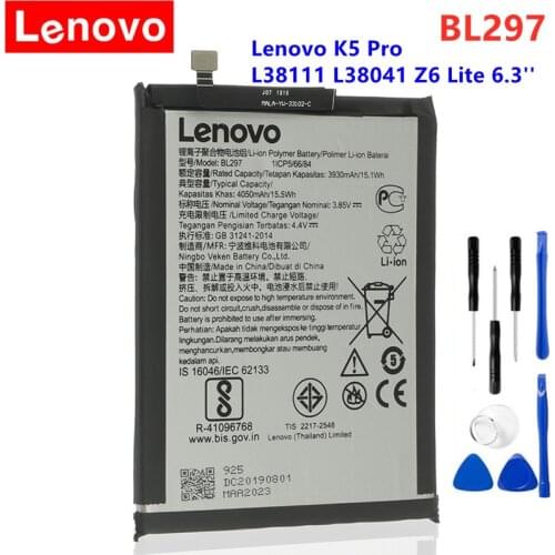 100% Original High Quality 4050mAh BL297 Battery For Lenovo K5 Pro L38111 L38041 Z6 Lite 6.3 inch Cell Phone batteries +Tools