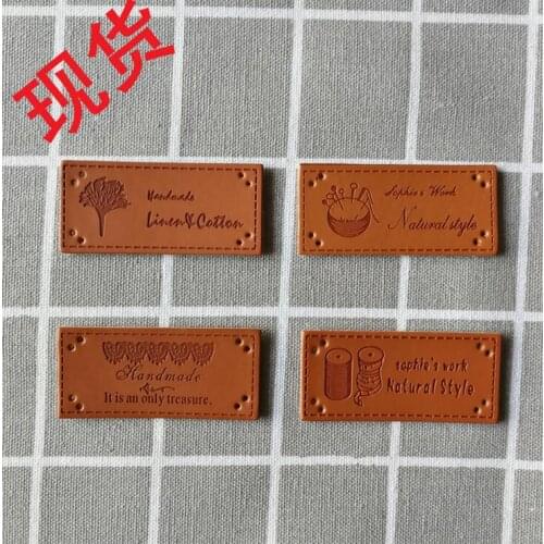 20pcs Hand Made Labels PU Leather Tags On Clothes Garment Labels For Jeans Bags Shoes Sewing Accessories Free shipping