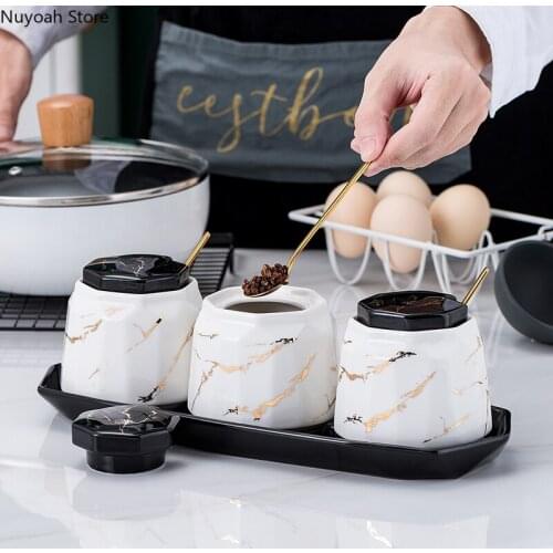 Kitchenware Seasoning Jar Ceramic Marble Storage Jar Household with Spoon Seasoning Bottle Seasoning Jar Household Oil Can