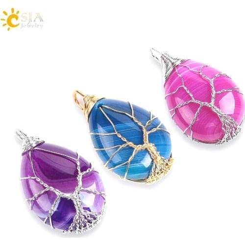 CSJA Gold Color Tree of Life Wire Wrap Water Drop Necklace & Pendant Reiki Natural Gem Stone Purple Blue Veins Onyx Jewelry E806