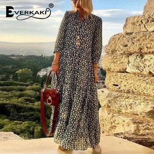 Everkaki Vintage Floral Print Long Dresses Women Boho 2021 Summer Beach Vestidos Elegant Party Prom Plus Size Maxi Dress Female