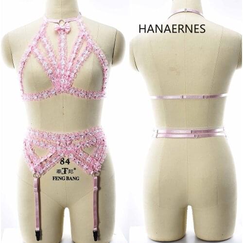HANAERNES Pink Kawaii Womens Body Harness Bra Lace Elastic Cage Bra Black Stretch Hollow Hollow Bra Corset Set Women Crop Top