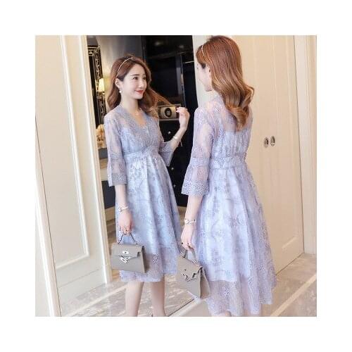 Summer fashion new tide mom solid color lace pregnant women dress was thin V-neck long fairy dress