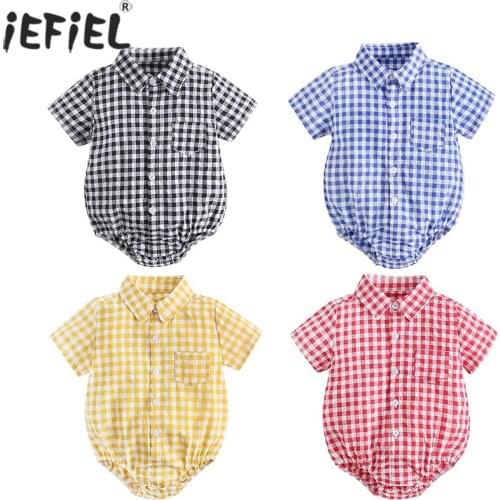 Summer Fashion Newborn Baby Boys Bodysuits Cotton Baby Short Sleeve Clothes Gentleman Plaid Jumpsuit Infants Clothing Casual