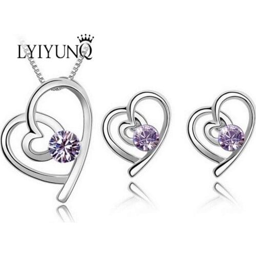 LYIYUNQ Cute Simple Round Crystal Jewelry Sets For Women Romantic Heart Rhinestone Earrings Pendant Necklace Wedding Jewelry Set