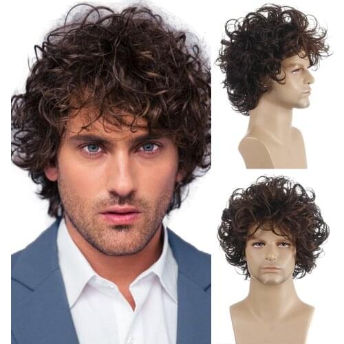DAN BO Mens High Temperature Synthetic Short Hair Curly Layered Synthetic Black Brown Short Hair Wig Punk Fluffy Headdress
