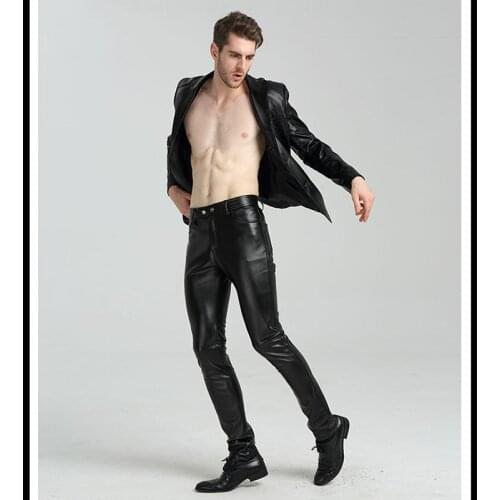 The new 2021 autumn/winter tight leather pants men locomotive with velvet PU leather pants