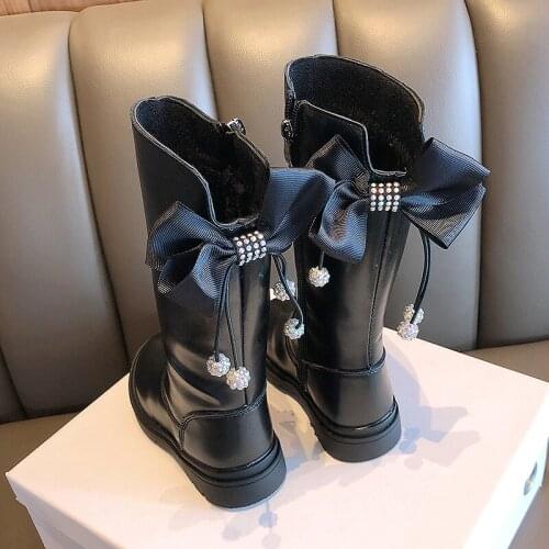 Girls High Boots 2020 Fashion Korean Winter Autumn Wide Pu Plush Bowtie Rhinestone Princess Snow Boots Girls Rubber Shoes Kids