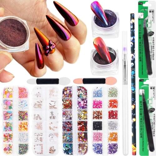 Optical Powder Tweezers Wax Head Pen Diamond Box Complete Set Manicure Decor Tools