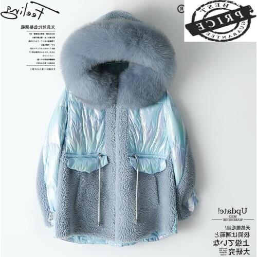 Real Fur Coat Female Winter Natural Fox Fur Hooded Duck Down Jacket Women Sheep Shearing Jackets Warm Fur Tops Hiver 2a22