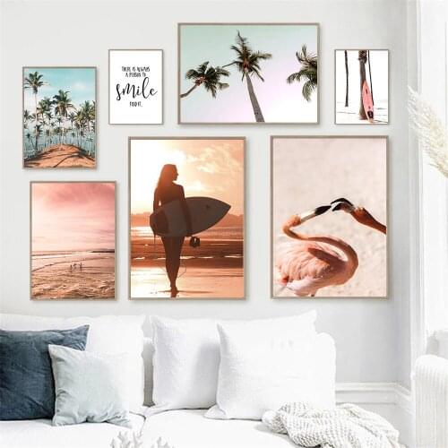 Sunset Beach Landscape Art Print Flamingo Surfboard Girl Canvas Painting Coconut Tree Wall Art Poster Pictures Living Room Decor