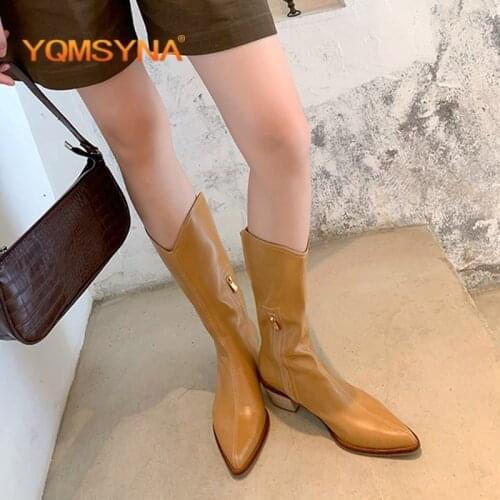 YQMSYNA Casual Womens Boots Genuine Leather Breathable Pointed Toe Square Heel Zipper Mid Boots Winter Office Lady Shoes AS339