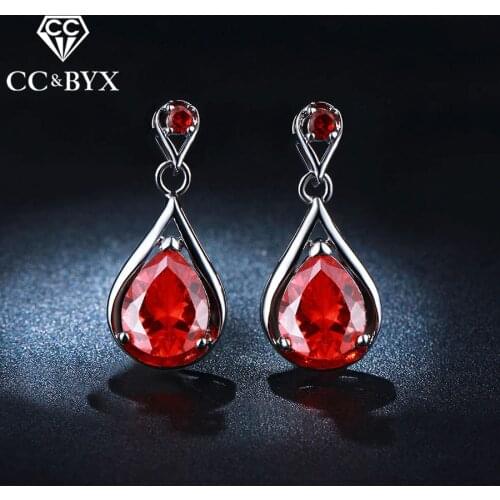 Luxury Red Stone CZ Dangle Earrings For Women Water Drop Fashion Earrings Best Gifts for Party Wedding Engagement E050