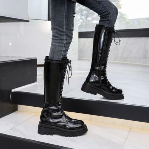 Patent Leather Knee-High Boots Woman Lace up Autumn Boots Womens Ladies Chunky Wedge Platform Black Punk Goth New Arrival 2020