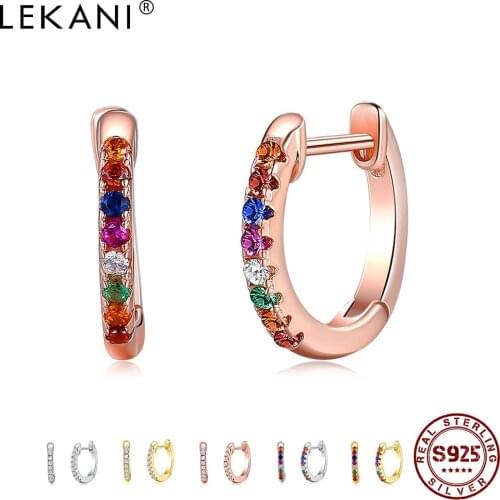 LEKANI 925 Sterling Silver Hoop Earring For Women Romantic Colors 5A Clear Cubic Zirconia Small Earrings Wedding Fine Jewelry