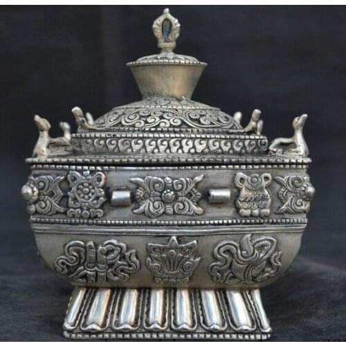 Old Tibetan silver eight treasures Phurpa Dorje Pestle Vajra Tanks Crock pot jar