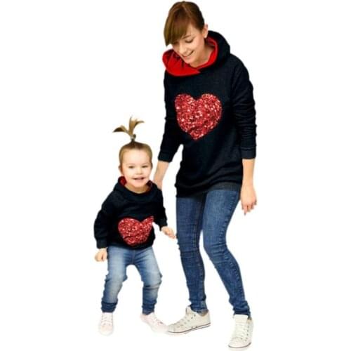 Parent-Child Long-Sleeves Love Sequins Hoodie Girl Kids&Women Sweatershirt Girls Sweatshirts Heart Sequins Family Outfits