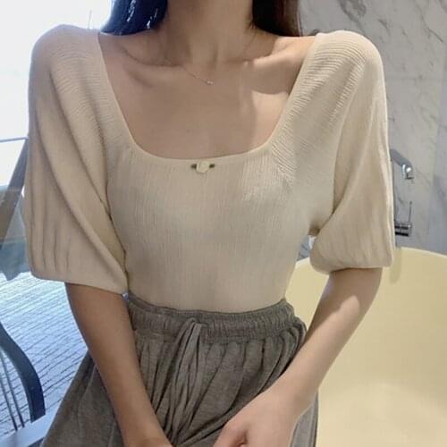 Casual Women Icy Silk Top 3Colors Short Sleeve Knitted Tops Solid Sexy Summer Square Collar Short Top Women