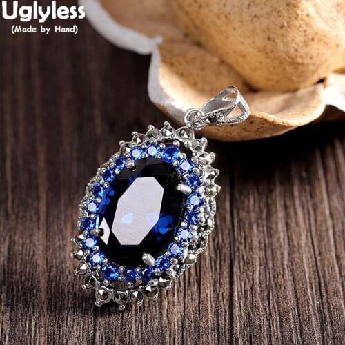 Uglyless Vivid Blue Red Gemstones Pendants for Women Garnet Corundum Necklaces NO Chains Oval Fashion Jewelry 925 Silver Bijoux