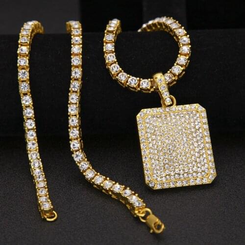 Hip Hop Bling Ice Out Full Rhinestones Square Pendant Necklace Dog Tag 1 Row Tennis Chain Necklaces for Men Jewelry Gold Color