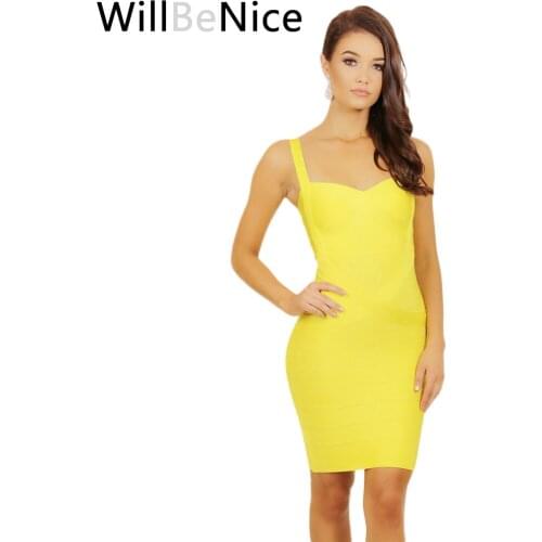 WillBeNice 2019 Classic Womens Spaghetti Strap Yellow Sweetheart Neckline Bandage Bodycon Dress Sexy Party Pencil Dress Party