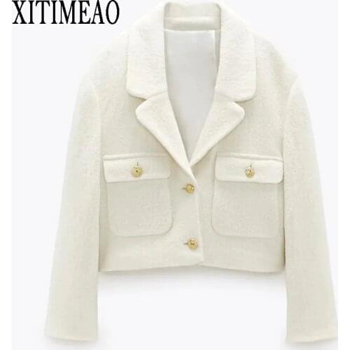 ZA 2020 New Women Minimalism Autumn Winter Fashion Temperament Tweed Jacket High Waist Short Suit Female