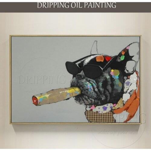 Funny Design Hand-painted Modern Art Animal Oil Painting on Canvas Funny Smoking French Bulldog Oil Painting for Living Room