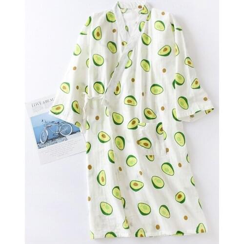 Women Nightgowns Comfort Gauze 100% Cotton Cartoon Robes Cute Kitten Print Kimono Sleepwear Spring Summer Couples Loose Homewear