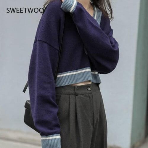 Women Sweaters Pullovers Patchwork Knitted V-neck Short Sexy Sweet Students Streetwear Loose Soft Newest Korean Fashion Jumpers