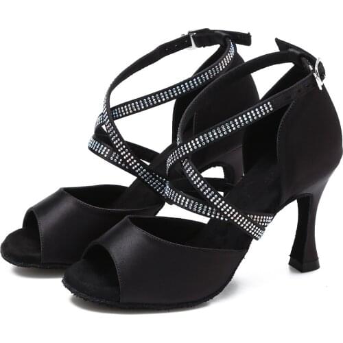 Ailove Tango Salsa Latin Swing Dance Shoes Women Ballroom Wedding Party Sandals Black Satin Heels S67