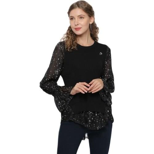 Round Collar Womens 2020 Season Printing Stitching Two-piece Knitted Long Sleeve Oversize Cardigan Jersey